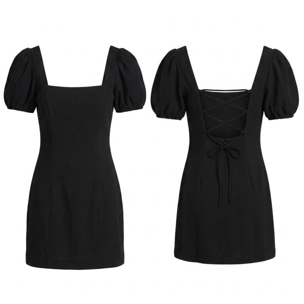 Zara Black Puff Sleeve Mini Dress Square Neck Size XS